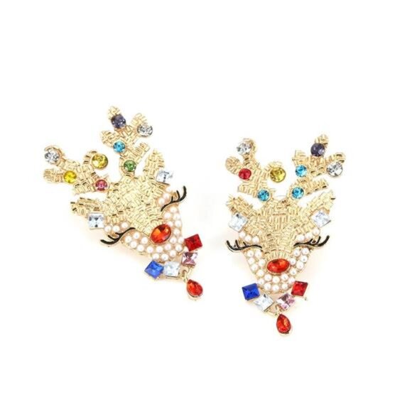 Christmas Reindeer Earrings with Colorful Rhinestones - Picture 3 of 3